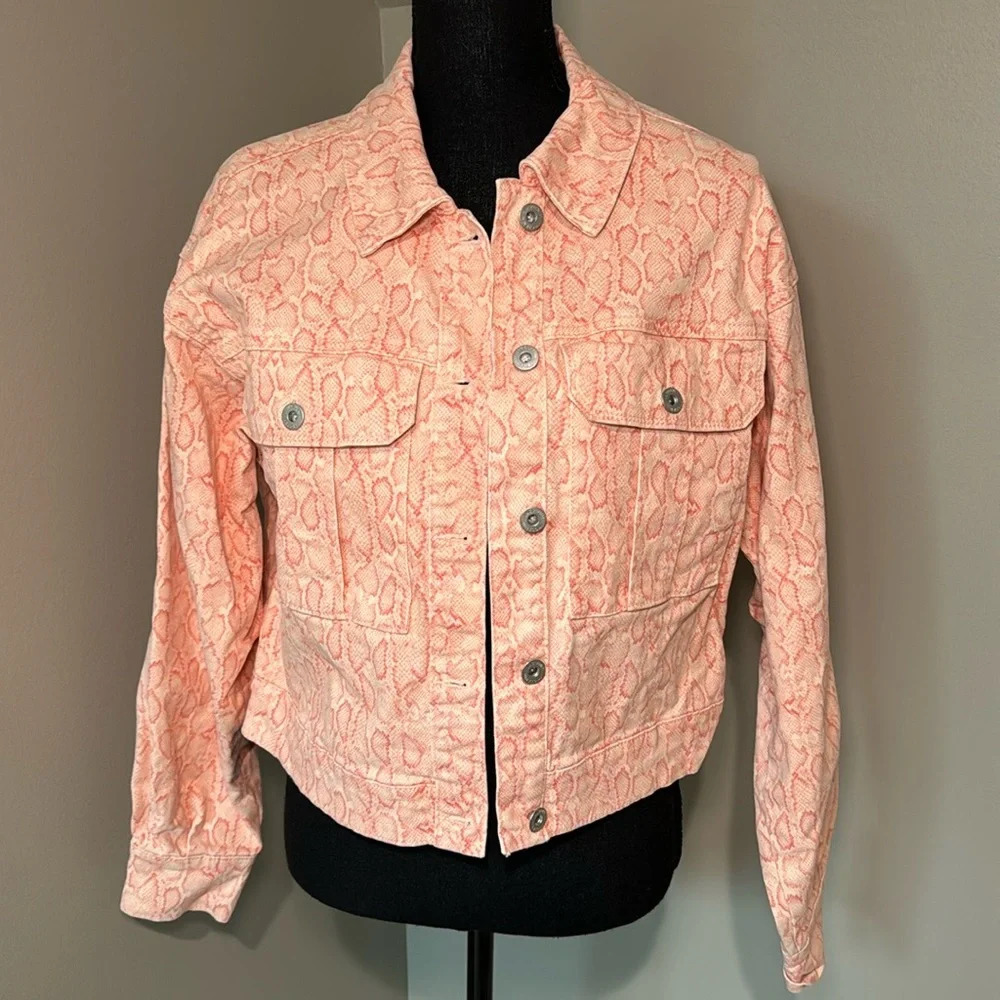 Women's Size Small Snake-Print Denim Jacket by INC. pastel peachy pink